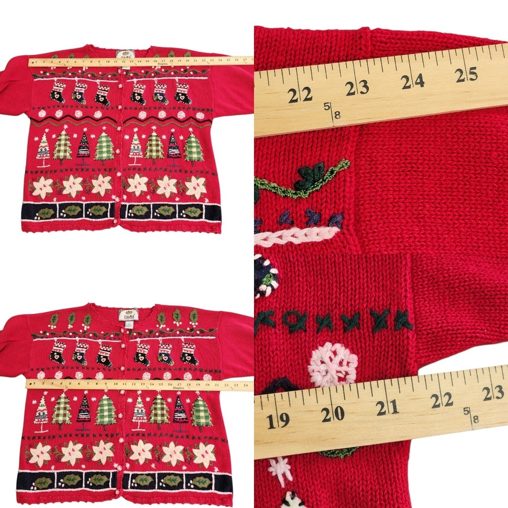 Vtg Tiara International 90s Christmas Cardigan Large Red Stocking Tree Button Up - Picture 10 of 13